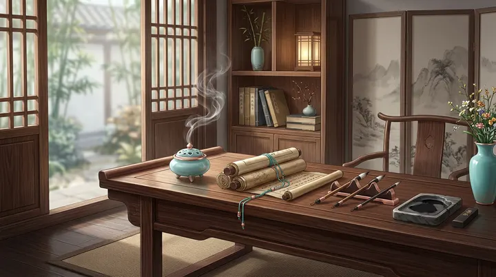 古朴书房中，传统木桌上散放着医书古籍与毛笔，一旁的香炉吐露着清幽的香气，充满了文化与智慧的厚重感
