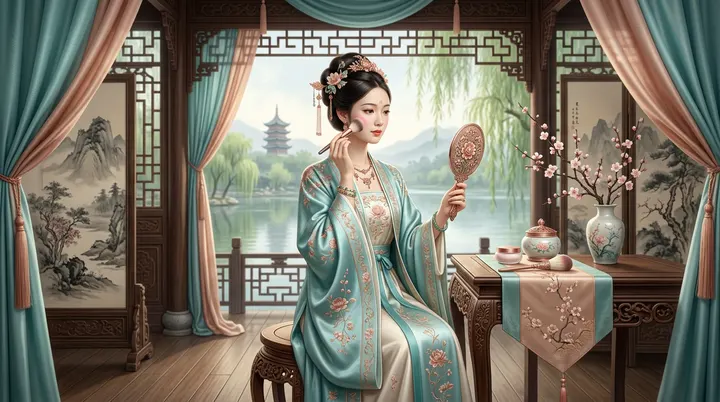 幽静古典的中式亭台中,一位身着丝绸华服的古典美人正对镜梳妆,将细腻的花瓣精粹膏霜轻柔地涂抹于凝脂般的脸颊上,画面静谧而奢华