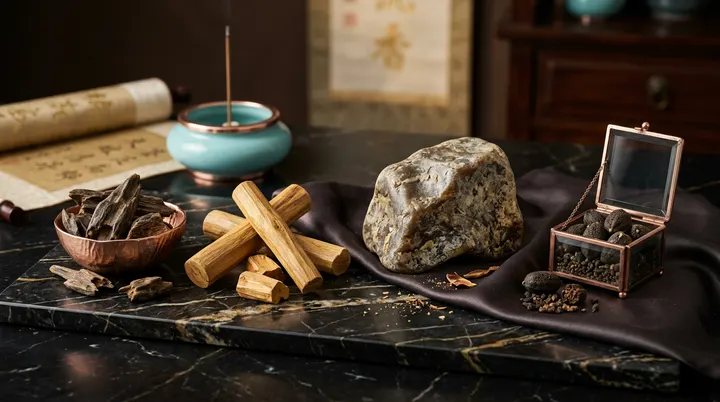 暗色的大理石台面上,华丽而优雅地陈列着四种传奇名香的原始形态:深邃的沉香木块、金黄色的檀香木段以及珍罕的龙涎香和麝香,在柔和的戏剧性光影中凸显出顶级的奢华质感
