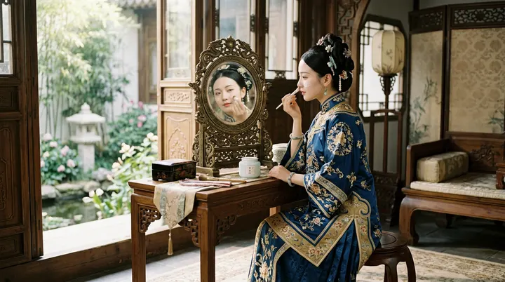 古典美人临镜梳妆，传承着古老本草的驻颜之术
