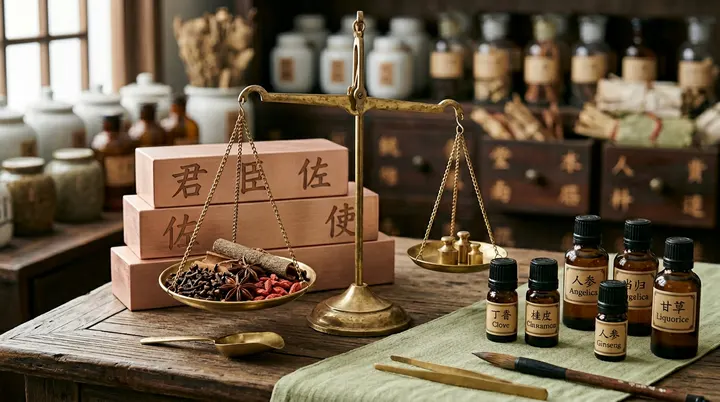 中药戥秤与精油瓶,展现配伍之美