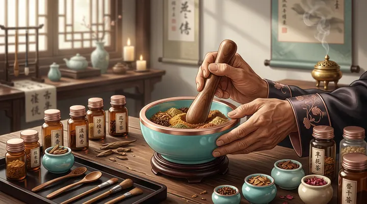 古色古香的桌面,一位制香师的双手正用木杵在陶瓷钵中轻轻研磨混合着各种天然香药粉末,周围散放着装有各式香材的精致琉璃与陶瓷小罐,充满匠人气息