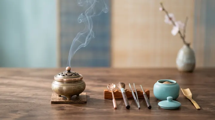 精致的铜制香炉中升起一缕轻柔的青烟，旁边的木桌上整齐地摆放着传统的品香器具，在柔和的自然光下散发着古典而宁静的东方禅意