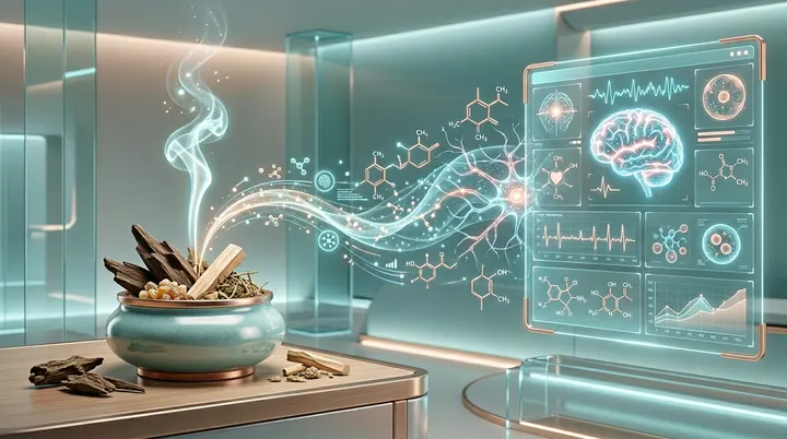 传统沉香与檀香交织着现代发光的科学分子与数据流，象征着古老香疗文化在现代科技中焕发新生