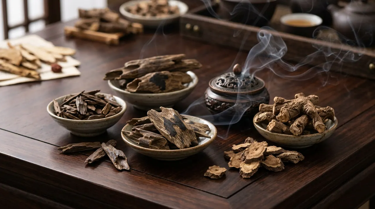 古朴木桌上，沉香与木香在袅袅青烟中交融，散发着安抚心神的深沉底蕴