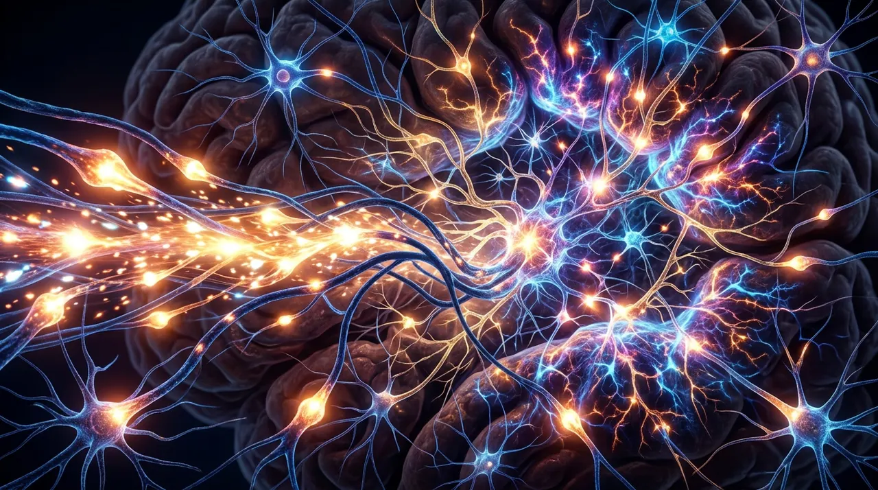 深邃的脑内神经网络中，发光的钙离子信号如繁星般传递，在草本精华的调控下恢复了原本的秩序与平静