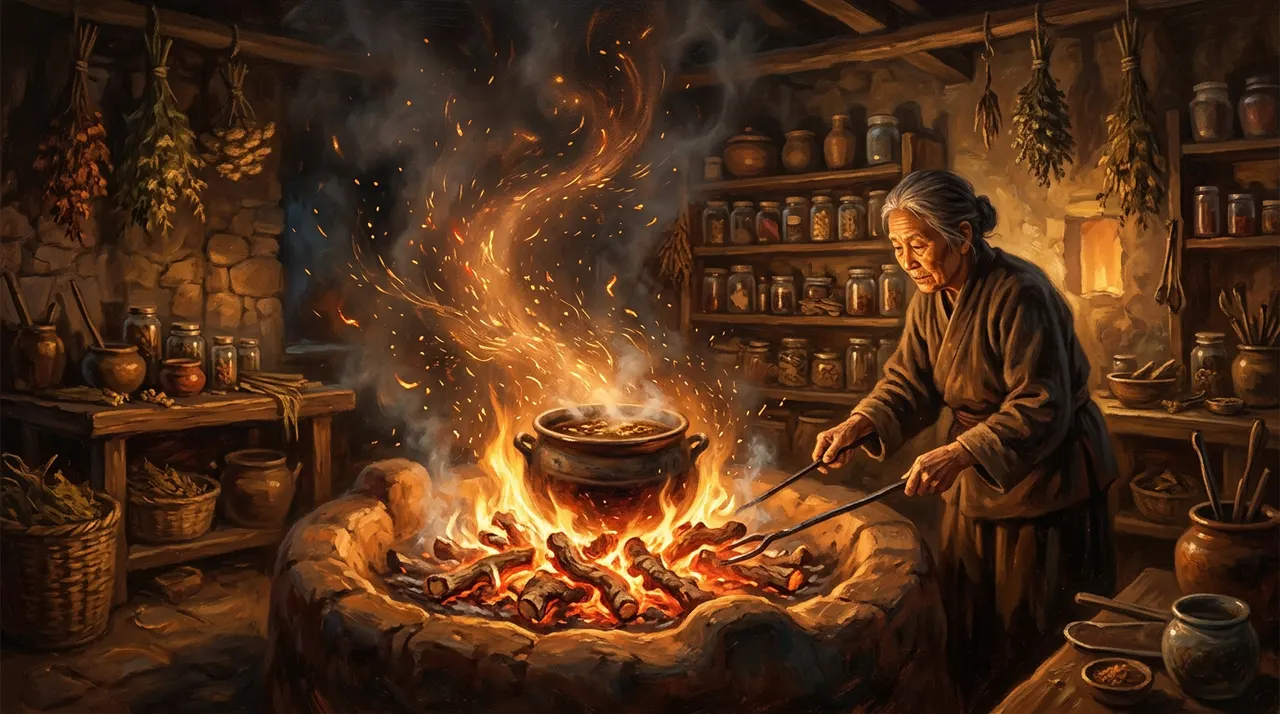 在神秘的火光与火花中，干燥的苍术根茎正在经历炮制的蜕变