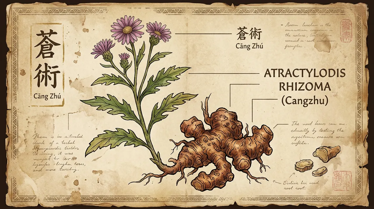 古朴羊皮纸背景上，手绘风格的苍术植物散发着大地与草木的力量