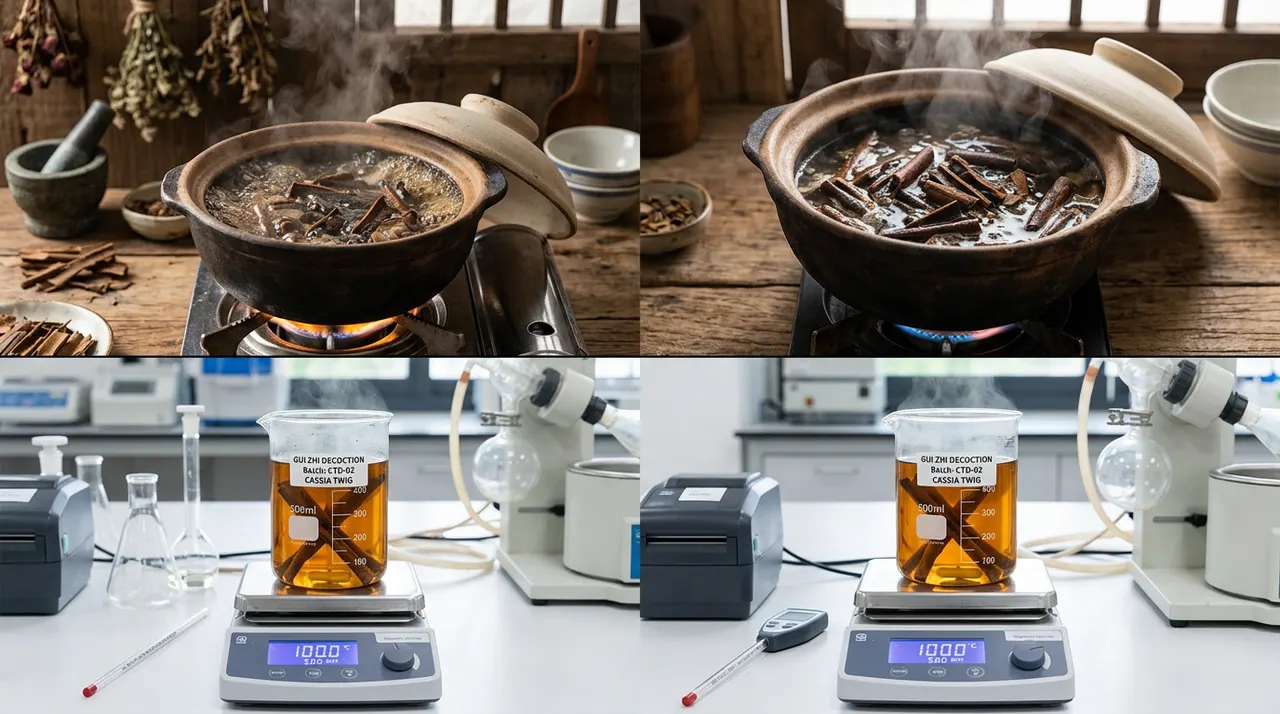 传统砂锅熬煮桂枝与现代高精度实验室量杯中的清澈汤剂对比