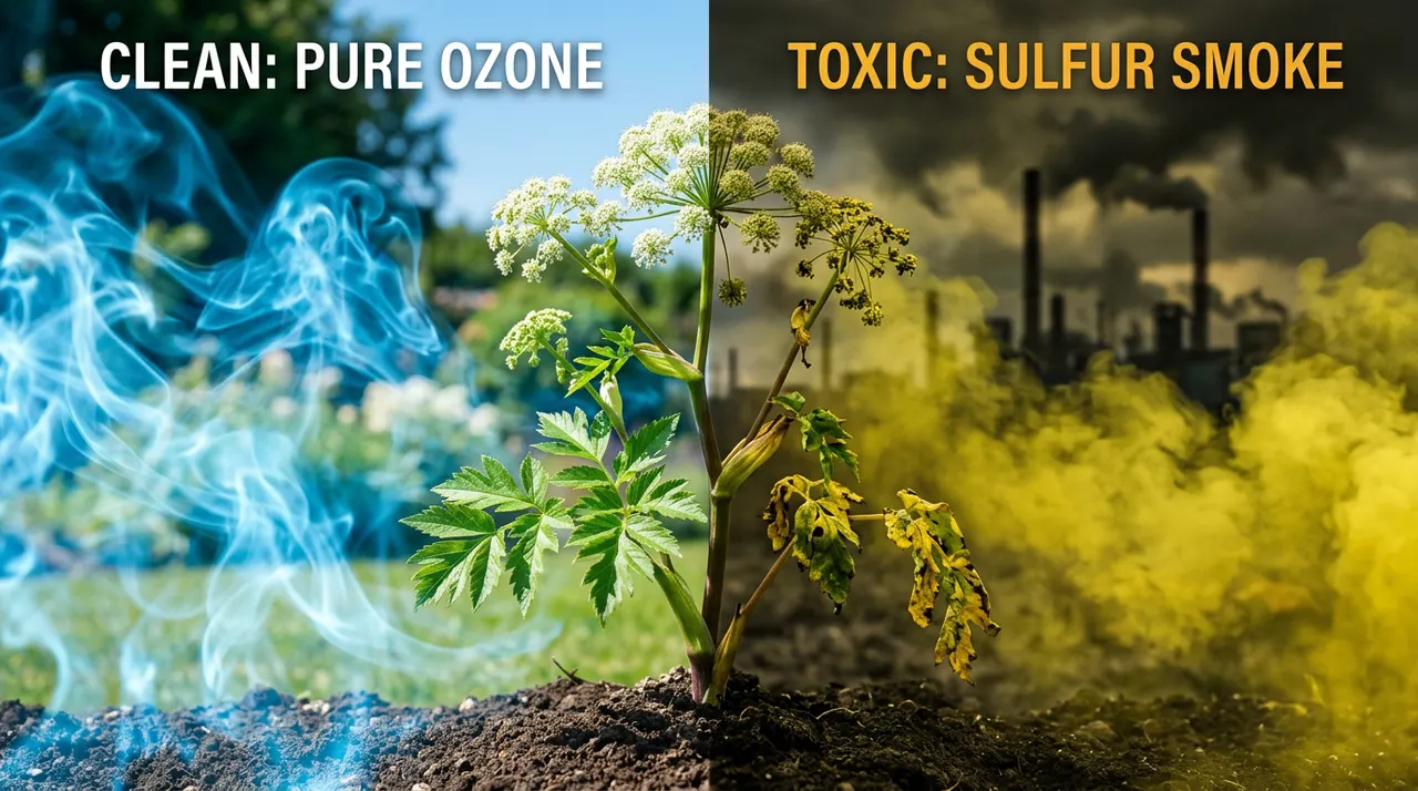 Comparación de la hierba de Angelica envuelta en ozono puro por un lado y en humo amarillo de sulfuro por el otro