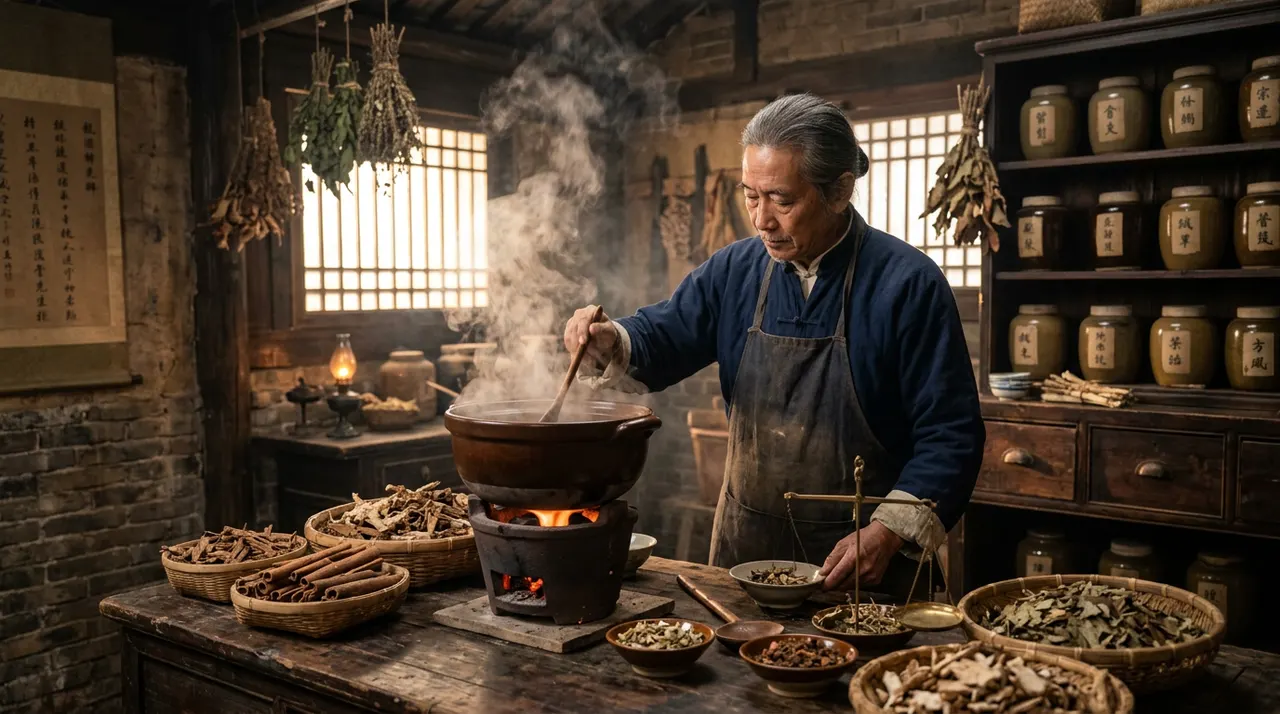 温和的药气在古法熬制中氤氲升腾,释放出解表药材中最核心的芳香能量