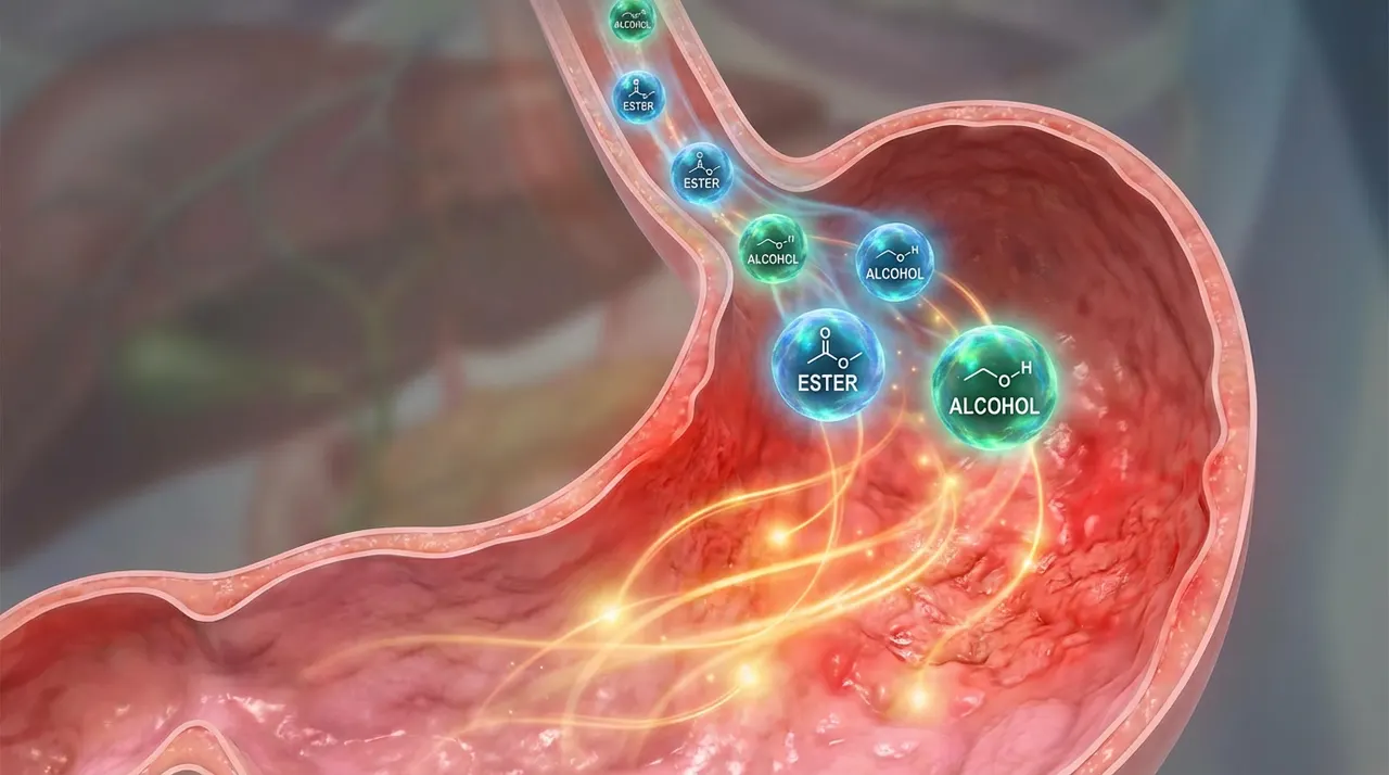 Moléculas de éter y alcohol brillantes que entran en el estómago, liberando una luz suave para aliviar la inflamación roja del tracto gastrointestinal