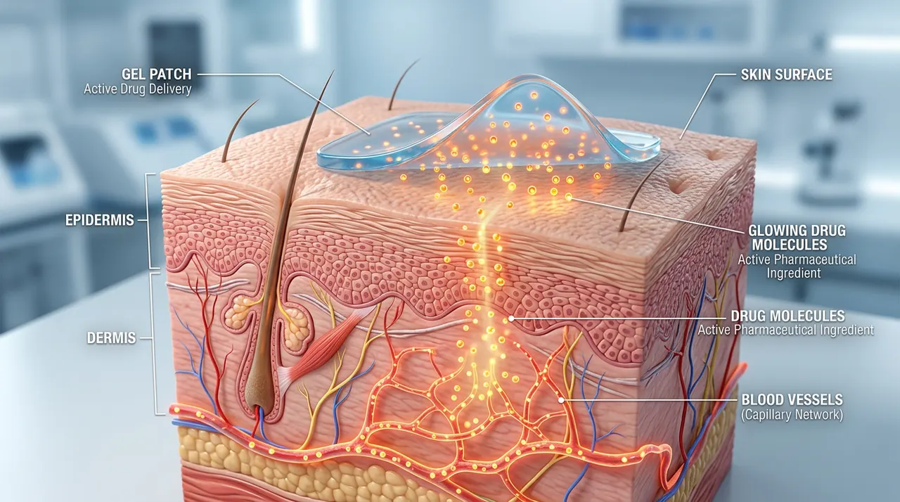 Visualización 3D de cómo el parche adhesivo de gel se adhiere a la superficie de la piel y libera moléculas de medicamentos que penetran la barrera de la piel
