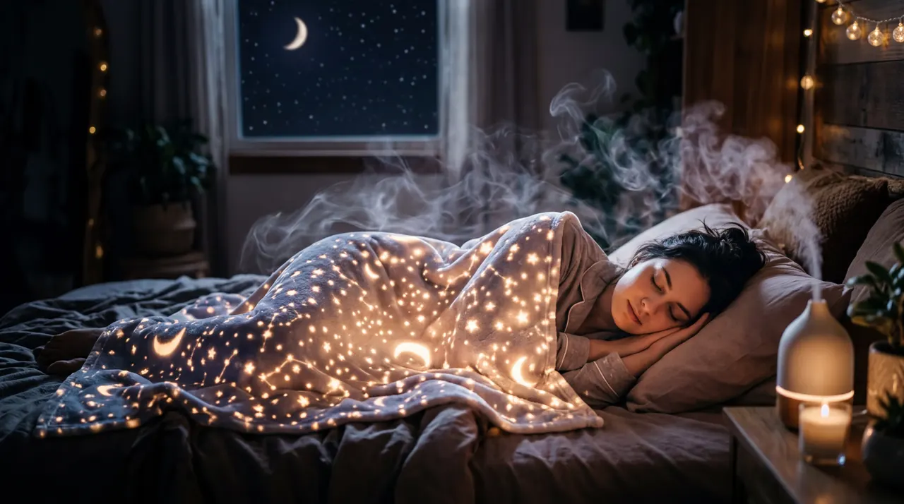 在星空与弯月的柔和光晕下，伴着袅袅的安神香雾，人正进入深层甜美的梦乡