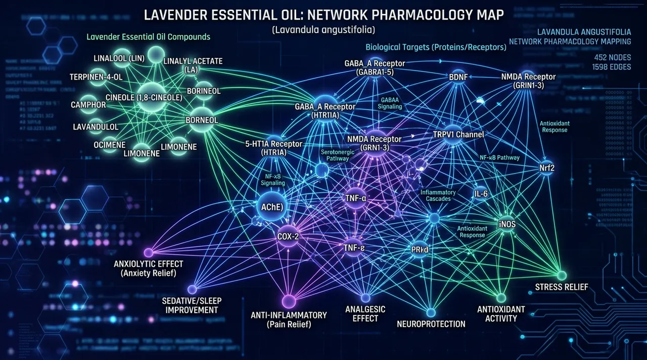 充满科技感的网络药理学图谱,展示了薰衣草精油成分如何精准连接抗炎的生物靶点