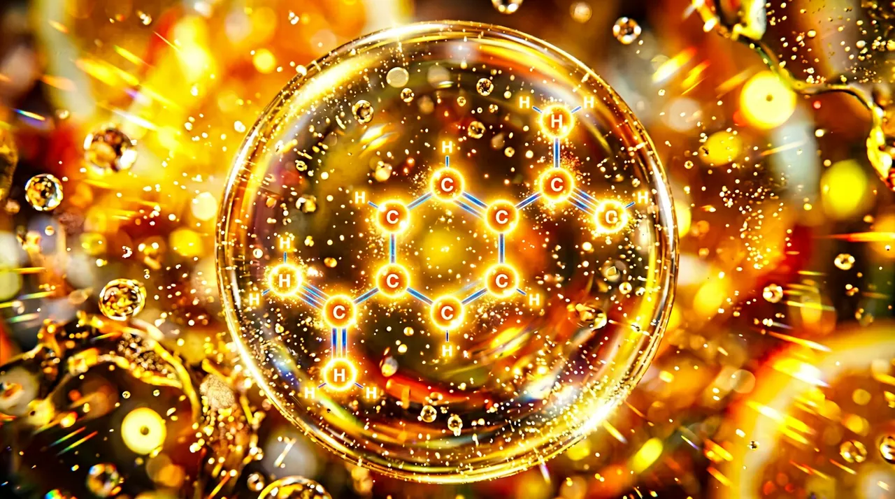 发光的D-柠檬烯分子结构在金黄色的柑橘精油滴中闪烁