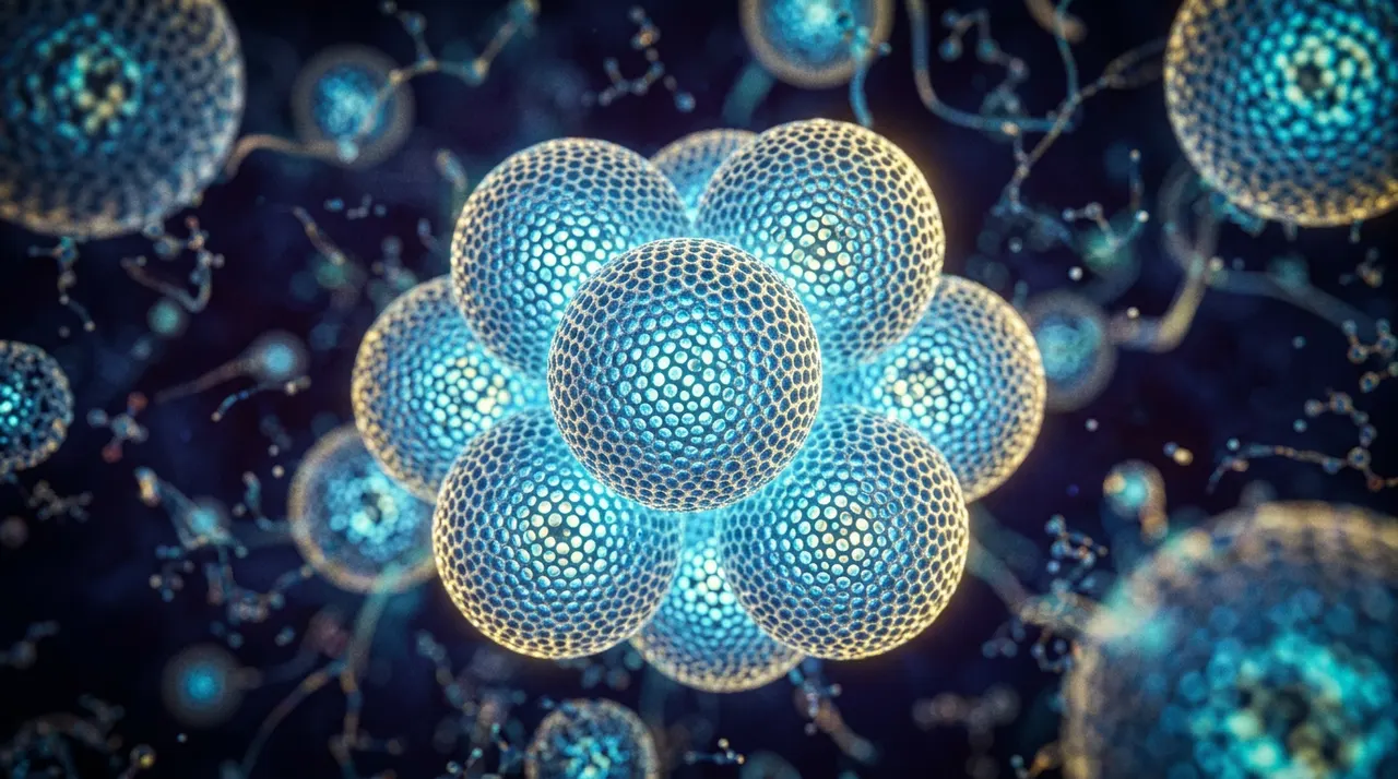 显微镜下布满规则细密孔洞的介孔二氧化硅颗粒，像发光的纳米海绵