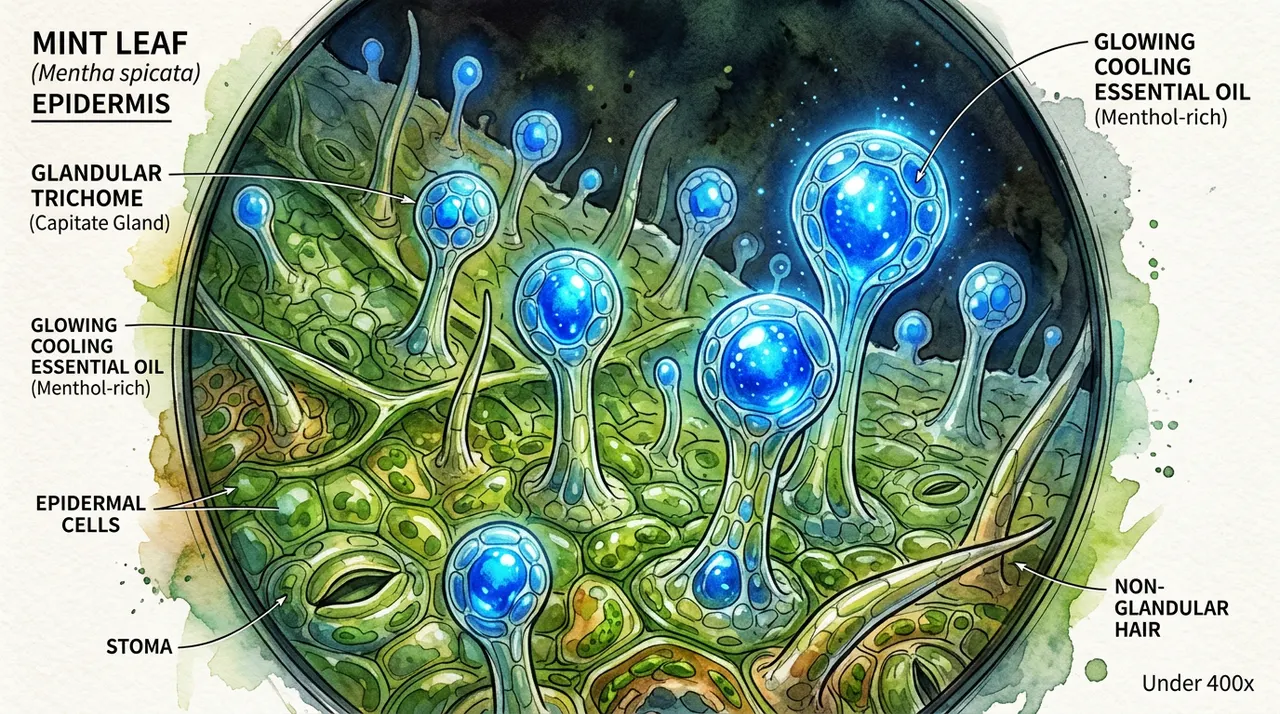 显微镜下薄荷叶背面的油腺微囊锁住蓝色清凉精油的科学图解