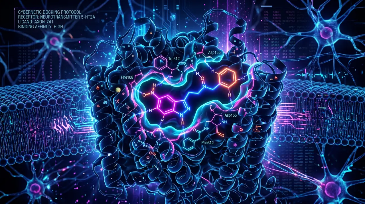 Ilustración explicativa de estilo cyberpunk: la molécula de D-limoneno, representada por un punto de luz, se inserta perfectamente en el surco del receptor proteico complejo del cerebro