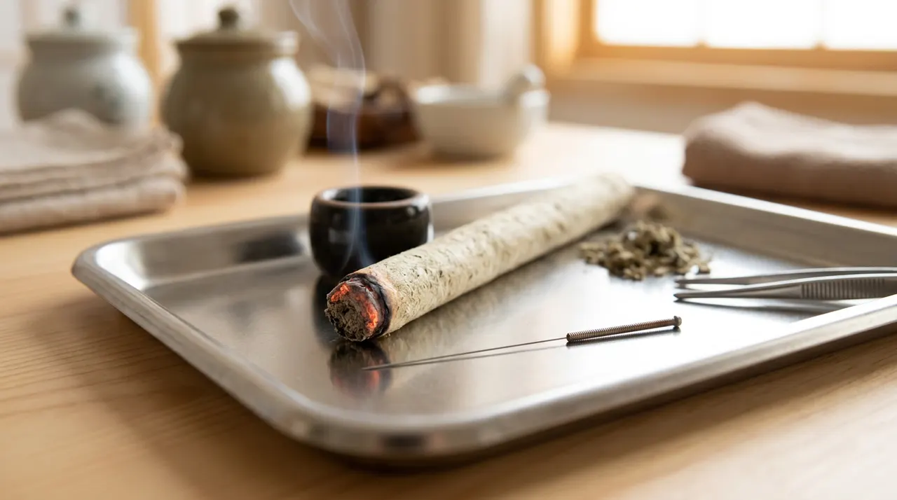 临床托盘上的发光艾柱与精细的火针