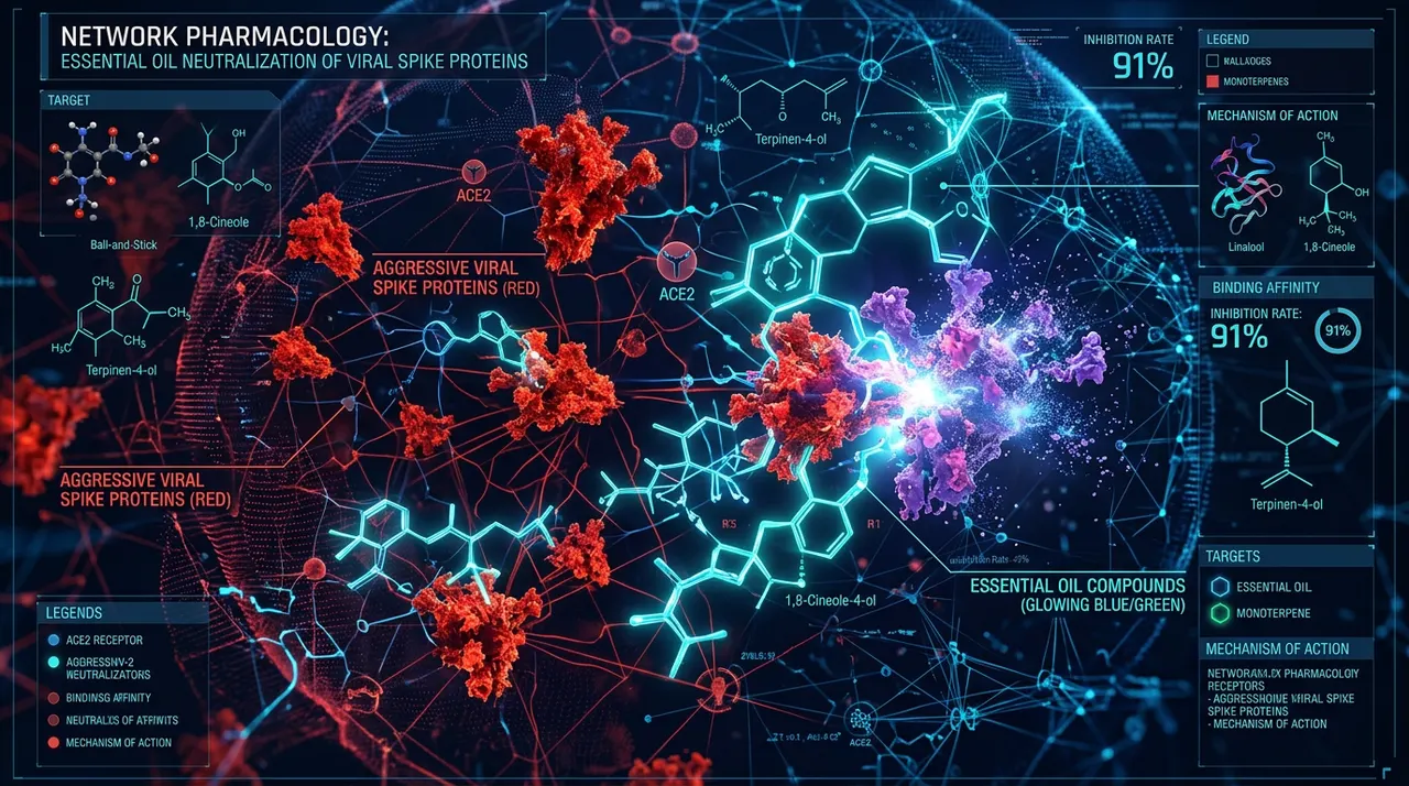 充满科技感的网络药理图谱中,发光的精油分子结构正与红色的病毒突刺蛋白发生中和反应