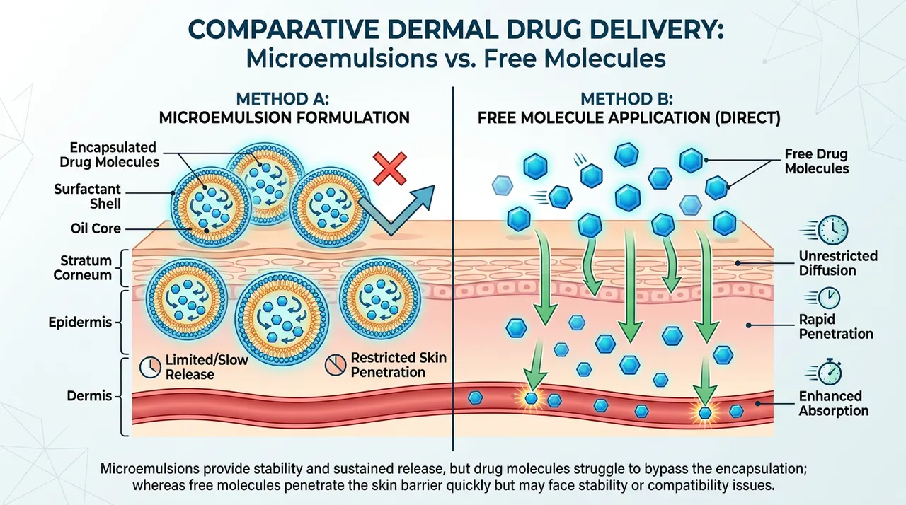 Comparativa: los moléculas de medicamentos encerradas en microemulsiones son difíciles de escapar, mientras que las moléculas adicionadas directamente penetran rápidamente hacia la barrera de la piel