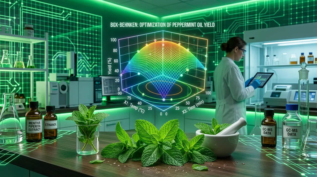 鲜绿的薄荷叶与悬浮在空中的Box-Behnken 3D响应面彩色网格图