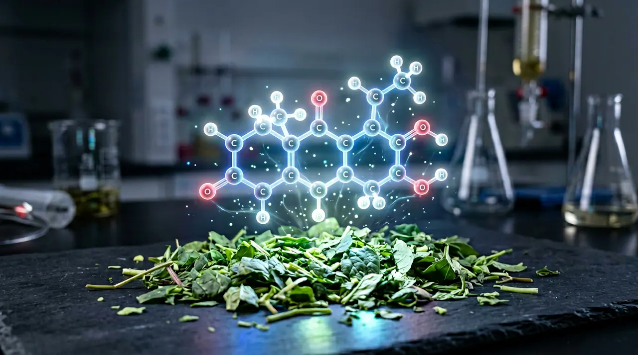 在碾碎的绿色叶片上方，悬浮着代表植酮的发光3D分子结构，散发着微光