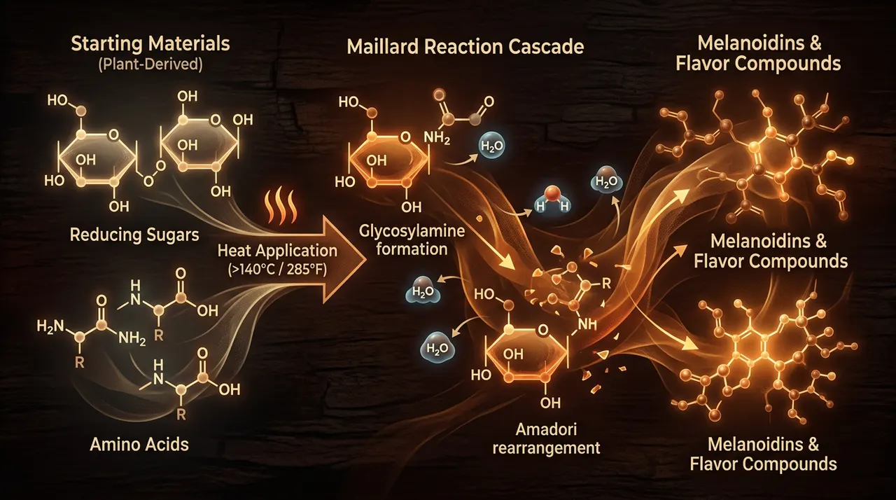 Gráfico de la conversión molecular de los azúcares vegetales y los aminoácidos bajo la reacción de Maillard a alta temperatura