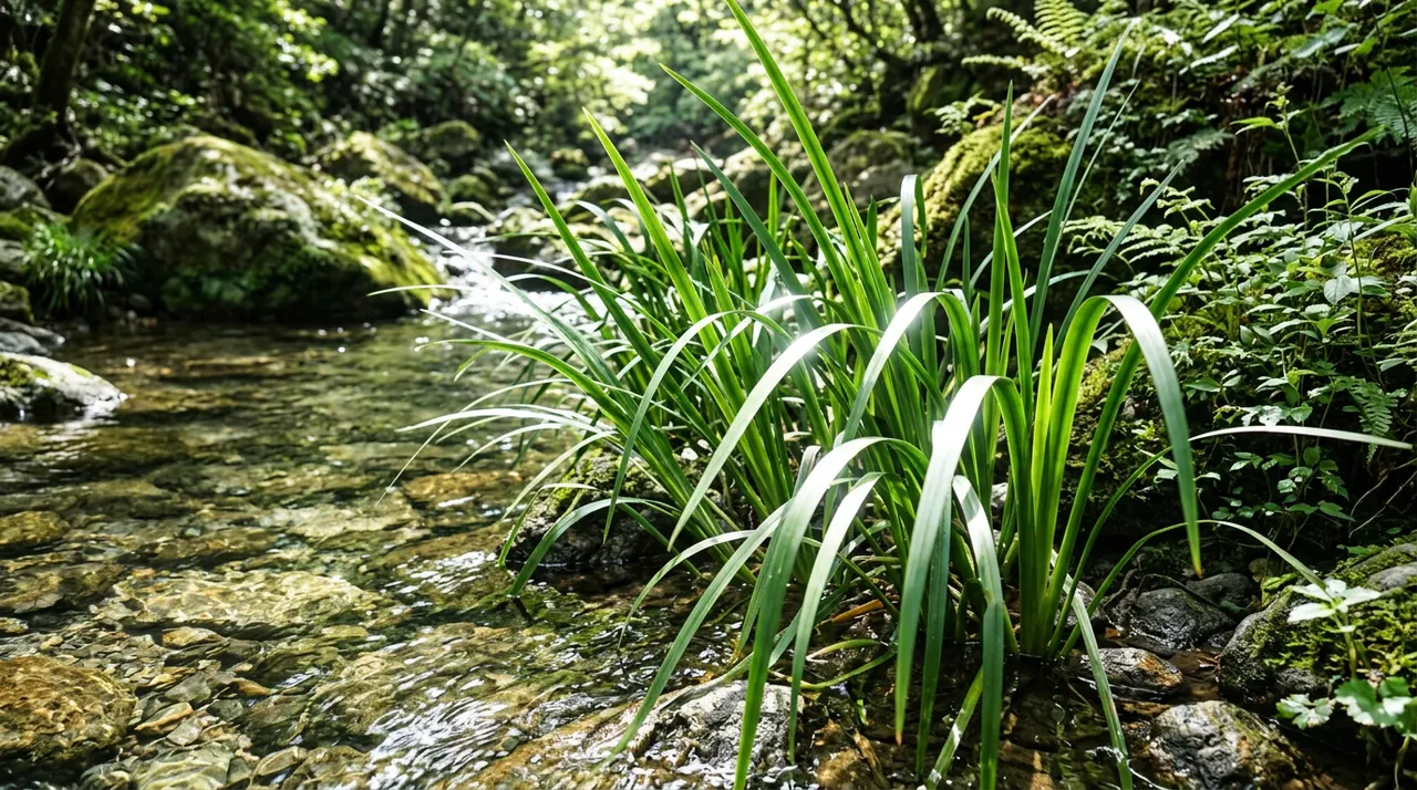 生长在清澈山涧溪流旁的石菖蒲,剑形的叶片在阳光下折射出生机,散发着浓郁的香气