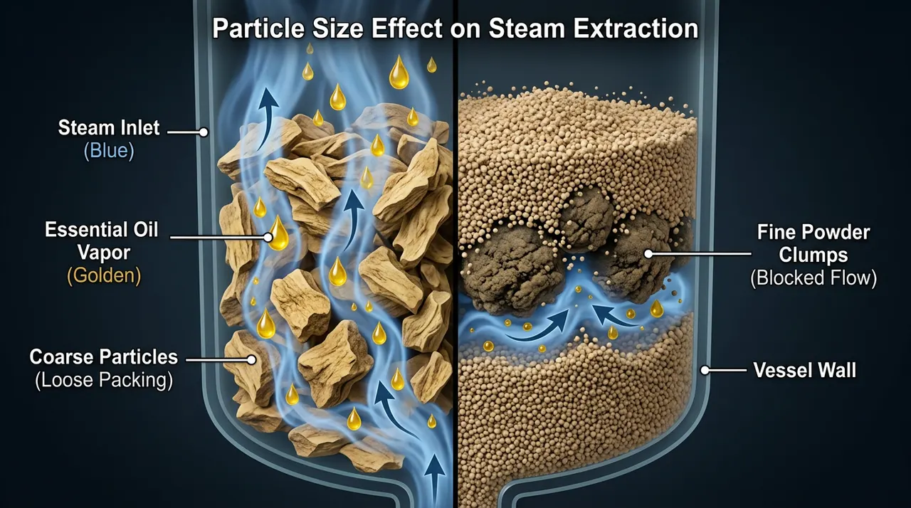 科学透视图：粗颗粒间水蒸气顺畅穿行带走精油，而细粉末结块阻挡了蓝色的蒸汽和金黄色的精油