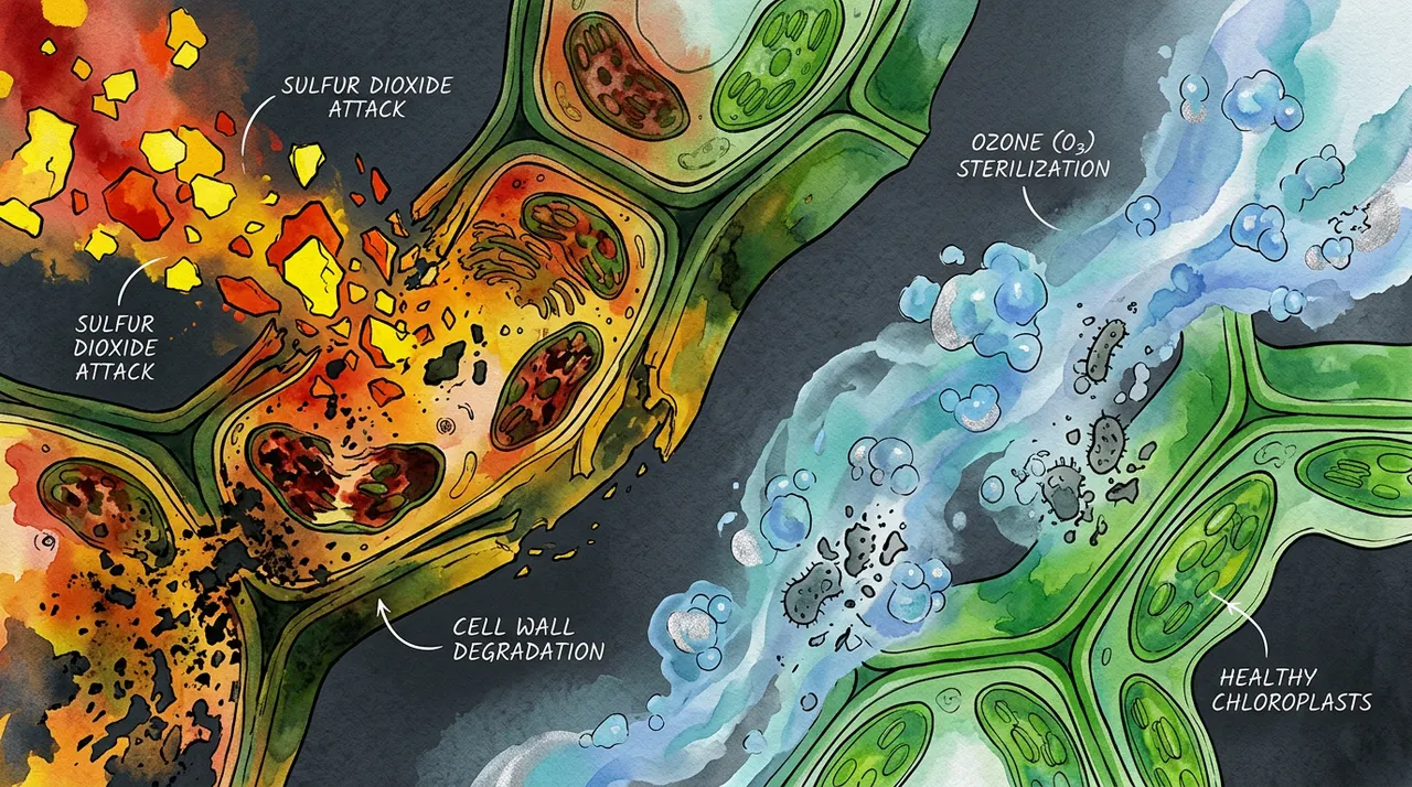 Ilustración científica microscópica que muestra cómo el sulfuro destruye las estructuras celulares de la planta mientras el ozono esteriliza suavemente