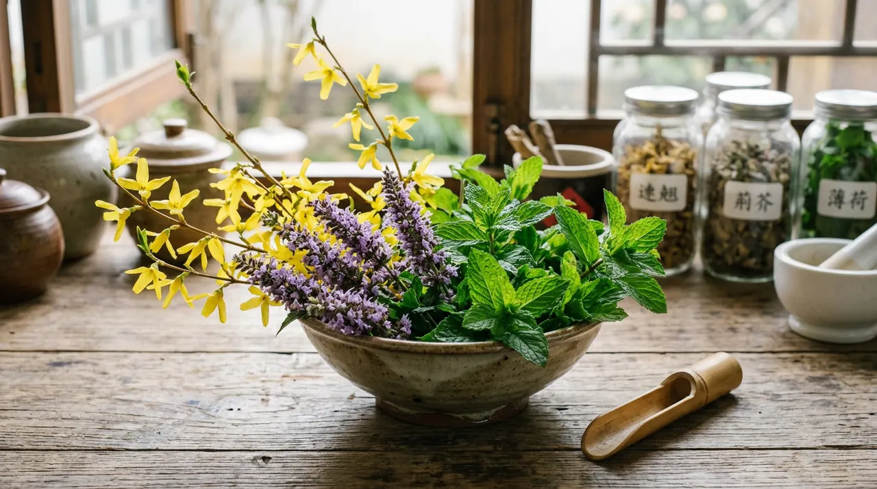 连翘的黄花、荆芥的紫色花序与薄荷鲜绿叶片唯美地融合在一起的中草药意境图