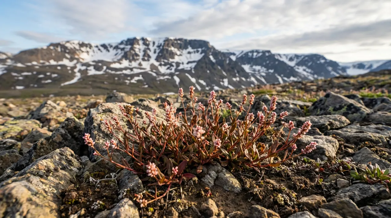 Planta de Polygonum sibiricum creciendo en los pies de las montañas del altiplano, fuerte y llena de vitalidad