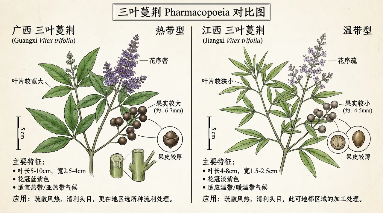 左侧是广西热带风情的蔓荆子,右侧是江西温带风情的蔓荆子,两者在药典天平上对比