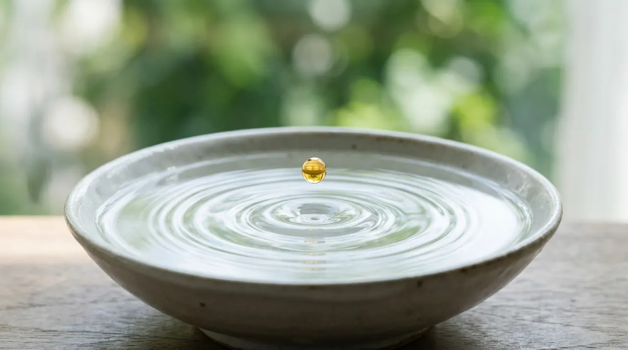 清透的精油滴入平静的水面，泛起涟漪，如同江香薷为夏日带来的清凉与净化