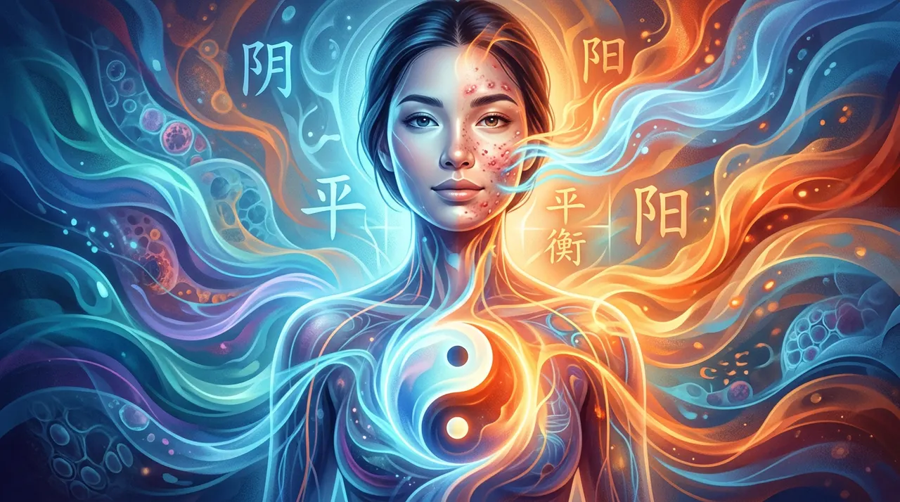 人体内阴阳失衡、寒热交织的抽象医学插画
