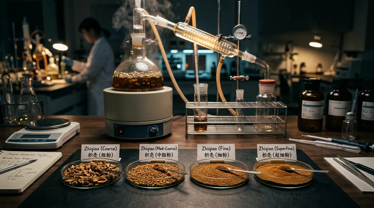 不同粗细程度的枳壳粉末对比，背景是沸腾的提取仪器