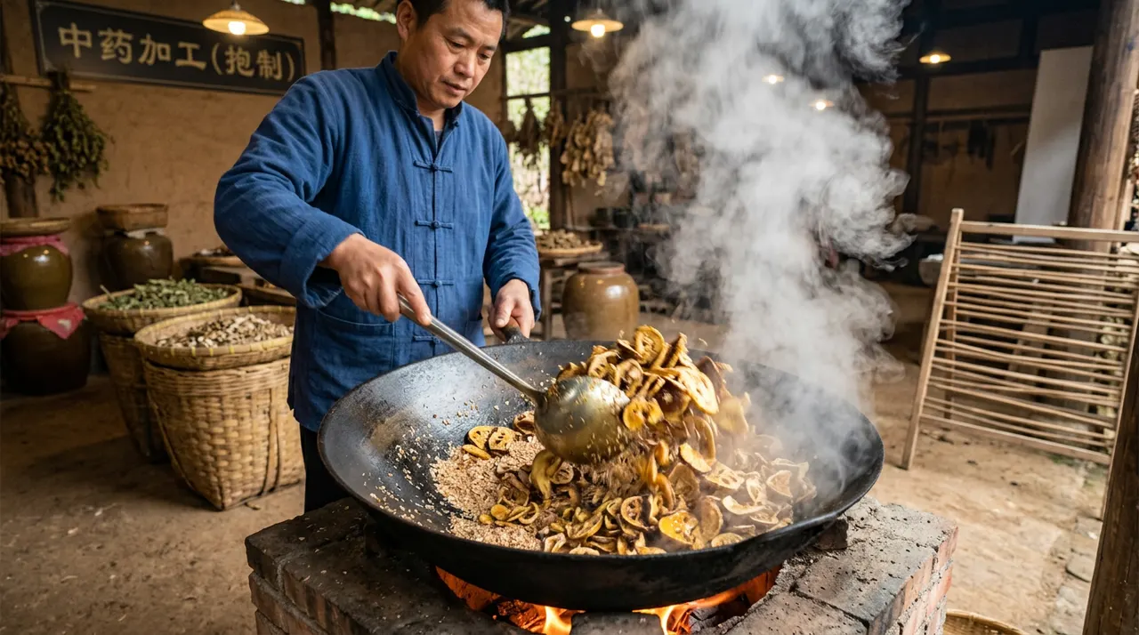 传统中药炮制场景:切片的枳壳在热锅中与金黄色的蜂蜜和麦麸翻炒,升腾起阵阵带着药香的蒸汽
