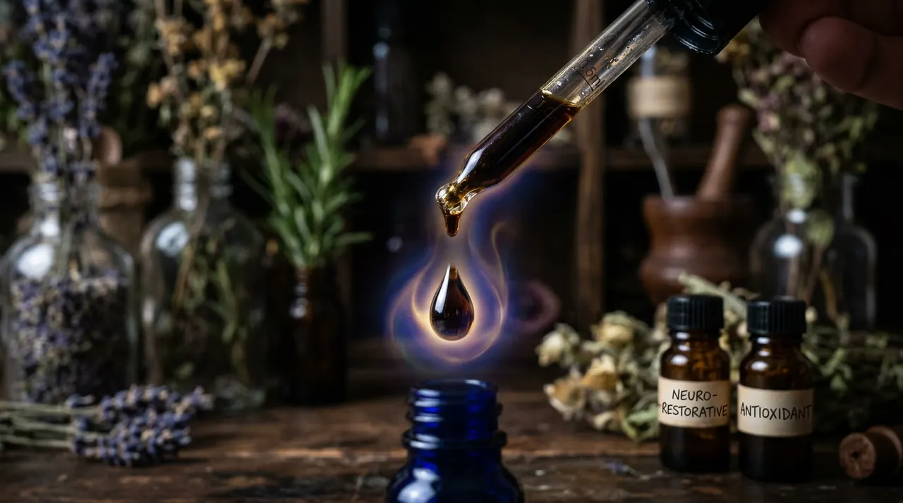 深色玻璃滴管中滴落的精油，闪烁着神秘的光晕，象征着深入大脑、保护神经元的天然精华