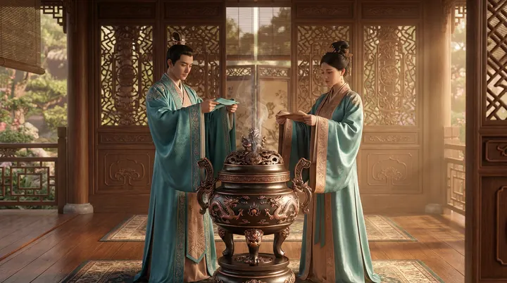 魏晋时期的贵族在奢华的亭台中熏香,香气不仅用于净室,更成为了身份与财富的象征