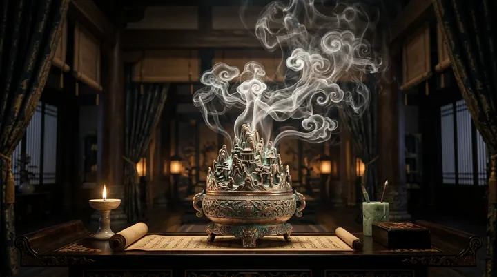 一尊汉代错金铜博山炉在昏暗的宫廷中升起袅袅青烟,烟雾如仙境中的祥云般缭绕,散发着神秘而庄严的通天祭祀气息