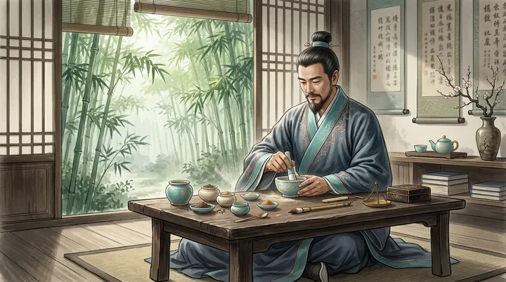 一位宋代文人正在静雅的书房中,专注地研磨和调配属于自己的独特香方,画面充满了恬静的智性美