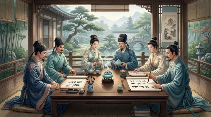 宋代文人雅集:几位身着传统服饰的雅士围坐在古朴的木桌前,桌上陈列着精致的瓷制小香炉、茶具与字画。柔和的光线透出深厚的文化底蕴与淡雅的生活情趣