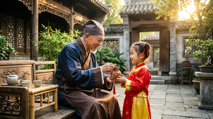 长者将饱含关爱与智慧的本草香袋佩戴在孩童身上