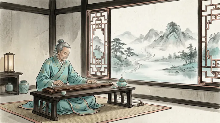一位古代文人正临窗静坐抚弄古琴,身旁精致的陶瓷小香炉吐露着一缕轻柔的青烟,与窗外的薄雾融为一体,整个画面散发着宁静致远、超凡脱俗的文化气息