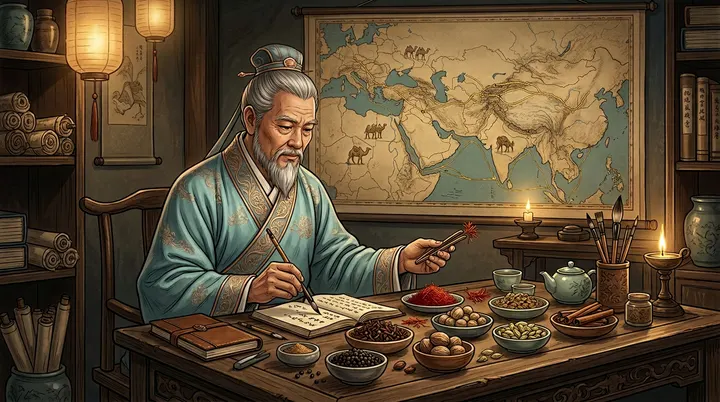 一位古代中医师正与一位异域商人在一张古朴的木桌前,借着柔和的光线仔细鉴别和研究来自丝绸之路的异国珍稀香药,背景是古老的丝路地图