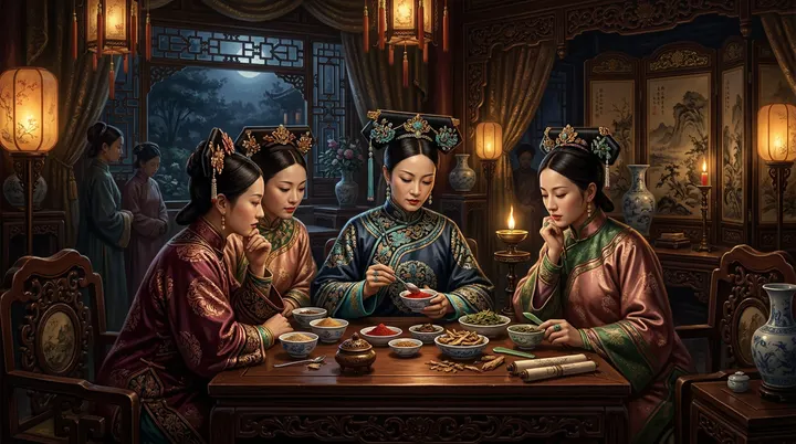 华丽幽暗的清代宫廷内室中，几位身着精致旗装的嫔妃正围坐在雕花木桌旁，眼神各异地端详着桌上几个装着神秘粉末与药草的精致瓷碗，空气中弥漫着宫斗与悬疑的气息