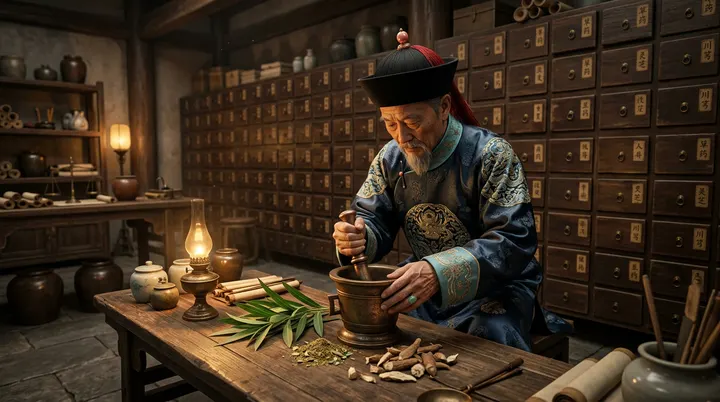 一位身穿清代官服的太医正站在药材满壁的古老御药房内，神情凝重地用青铜捣药杵研磨着含有毒性的植物叶片，昏黄的光线将太医的影子拉得深邃而神秘